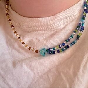 Blue & Earth Tone Flower Beaded Necklace: Handmade, 20in Adjustable Necklace|